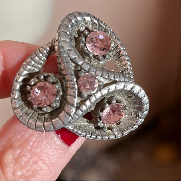 Vintage Antique Art Deco pewter Silver pink Foil back Crystal Brooch fairycore